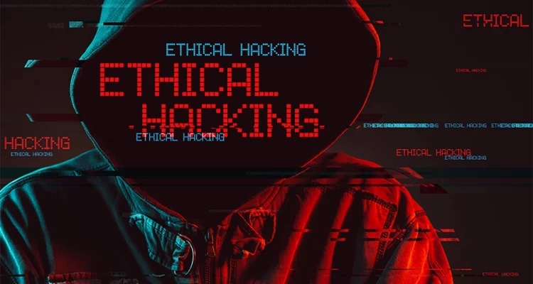 Pessoa encapuzada, em ambiente escuro, com a escrita Hacker Ético (em inglês, ethical hacking) se destaca em vermelho.