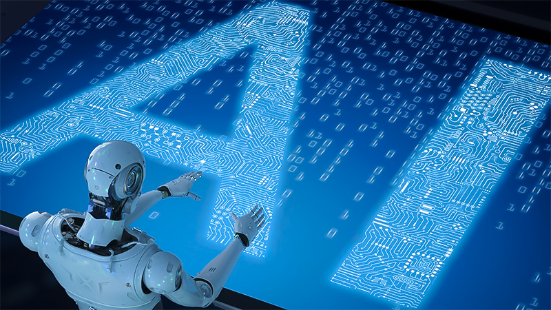 Robô interagindo com os dizeres "AI" de Inteligência artificial