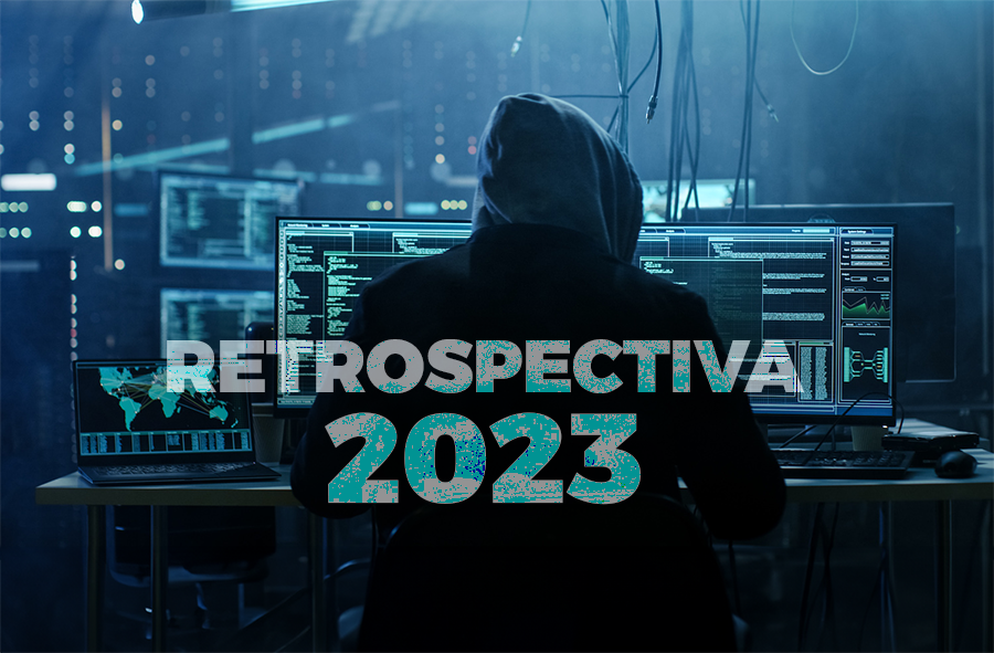 Capa do artigo "Principais ataques cibernéticos de 2023", com uma tela de computador, várias linhas de código e o desenho de uma caveira.