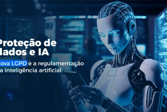 Texto "Proteção de dados e IA", com robô humanoide ao fundo