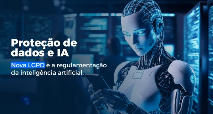 Texto "Proteção de dados e IA", com robô humanoide ao fundo