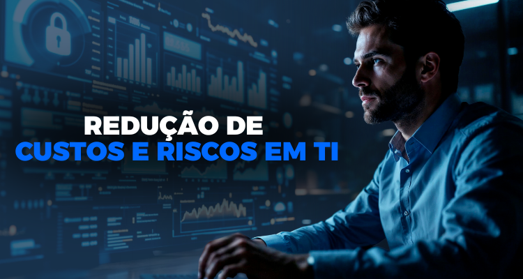 Profissional de TI analisando dashboards em ambiente digital, representando redução de custos e riscos em TI, governança tecnológica e decisões estratégicas baseadas em dados.