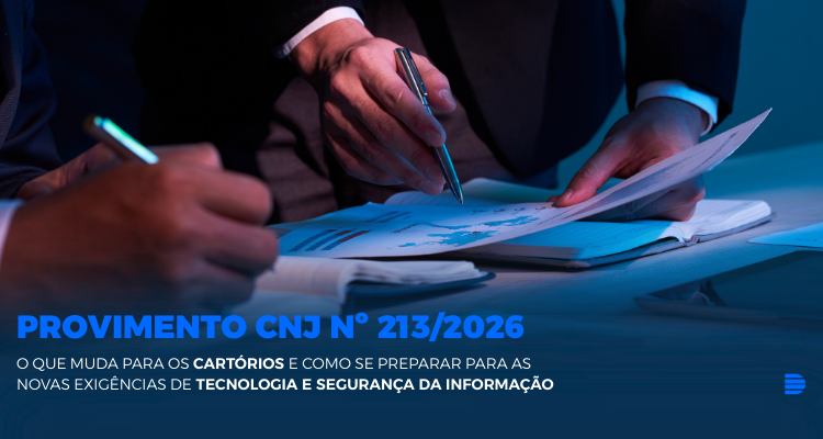 Duas pessoas em trajes formais assinando documentos sobre uma mesa, com iluminação em tons de azul, representando formalidade jurídica e cartorária.