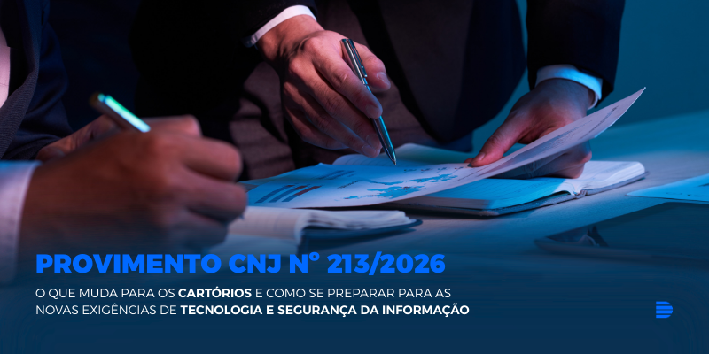 Duas pessoas em trajes formais assinando documentos sobre uma mesa, com iluminação em tons de azul, representando formalidade jurídica e cartorária.