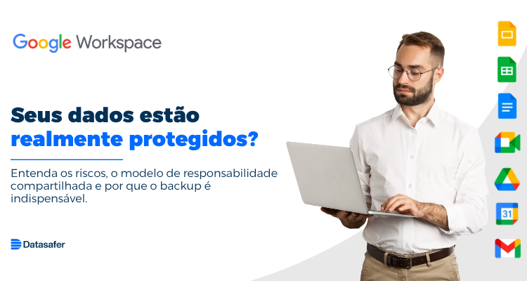 Profissional utilizando o Google Workspace em um notebook, destacando a importância do backup e da proteção de dados corporativos na nuvem.