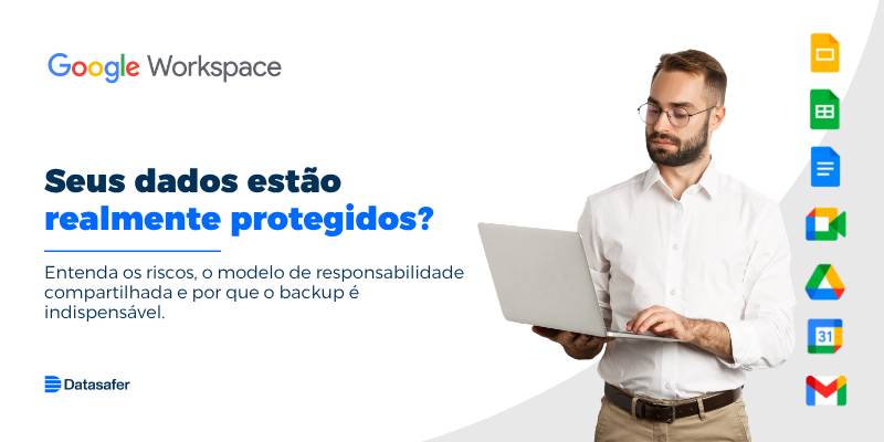 Profissional utilizando o Google Workspace em um notebook, destacando a importância do backup e da proteção de dados corporativos na nuvem.
