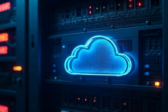 Ícone de nuvem em neon azul dentro de data center representando imutabilidade definida por software (soft immutability) para proteção de backups