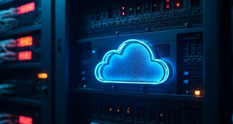 Ícone de nuvem em neon azul dentro de data center representando imutabilidade definida por software (soft immutability) para proteção de backups