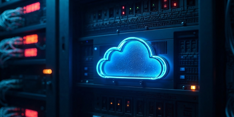 Ícone de nuvem em neon azul dentro de data center representando imutabilidade definida por software (soft immutability) para proteção de backups